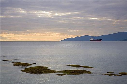 货船,日落,英吉利湾,温哥华,不列颠哥伦比亚省,加拿大