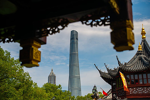 上海城隍庙看上海中心金茂大厦