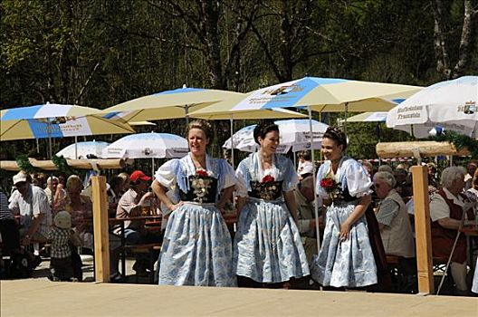 女人,穿,阿尔斯村姑装,传统服饰,民俗节日,巴伐利亚,德国,欧洲