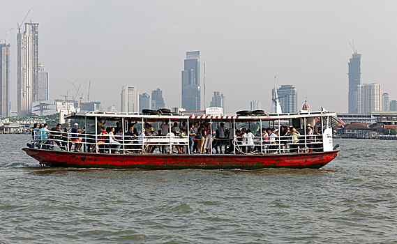 乘客,渡轮,河,天际线,金融区,曼谷,泰国,亚洲