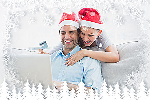 微笑,情侣,圣诞帽,网上购物,笔记本电脑