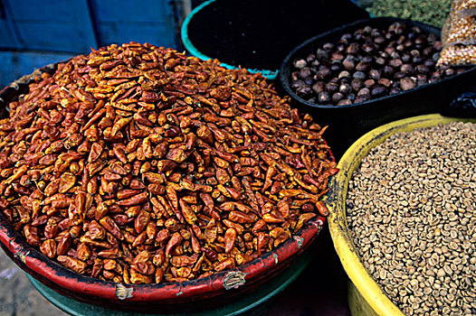 也门,老城,露天市场,干燥,辣椒,咖啡豆