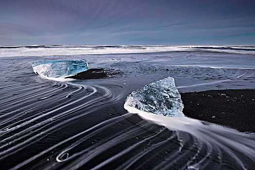 冰岛,海滩,冰,气氛,彩色,蓝色,水,泡沫,线条,建筑,天空