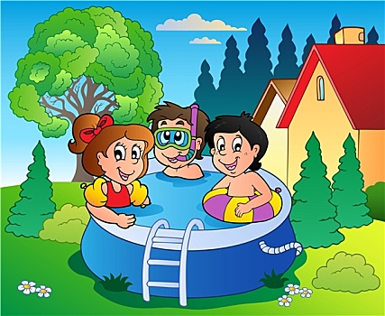 花园,水池,卡通,儿童