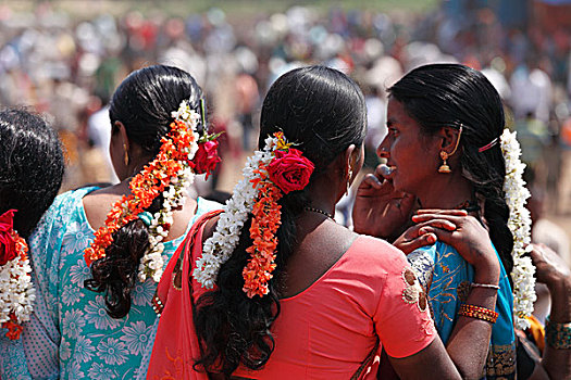 女人,花,毛发,节日,南,印度南部,印度,南亚,亚洲