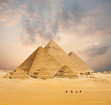 日落,埃及人,金字塔,骆驼,远景,宽