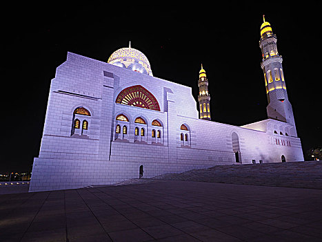 夜景,穆罕默德,清真寺,尖塔,光亮,马斯喀特,阿曼,亚洲