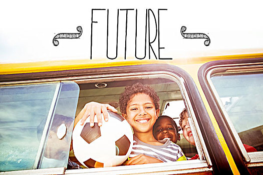 未来,可爱,学生,看镜头,微笑,校车,文字