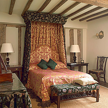 床,装饰,传统,布,老,半木结构房屋