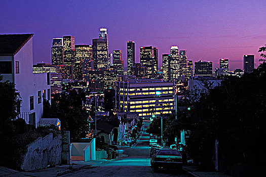 美国,加利福尼亚,洛杉矶,城市,天际线,黎明