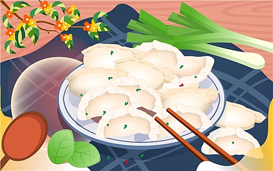 冬至节气吃饺子庆祝冬季过年团圆美食插画