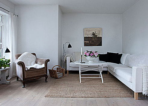 鲜明,友好,舒适,斯堪的纳维亚,开放式格局,留白,白色,沙发,地板