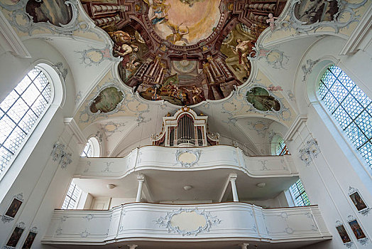 器官,画廊,天花板,壁画,教区教堂,寺院,上巴伐利亚,巴伐利亚,德国,欧洲