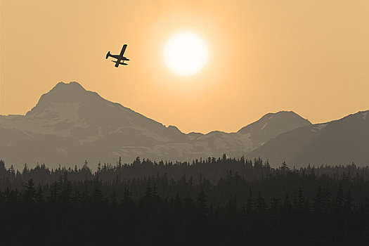 剪影,水上飞机,飞行,上方,奇尔卡特山脉,日落,通加斯国家森林,阿拉斯加
