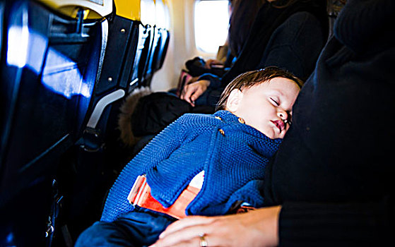 男婴,睡觉,膝,飞机,飞行