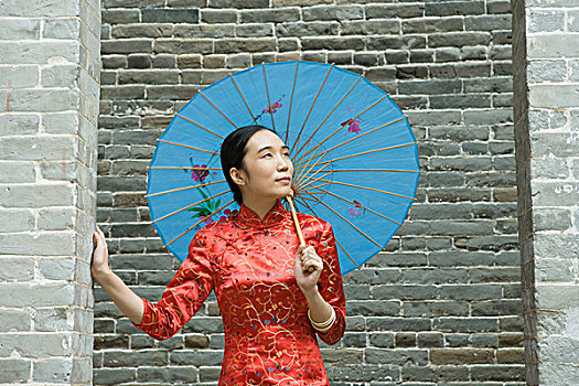 美女,衣服,传统,中国人,站立,伞,仰视