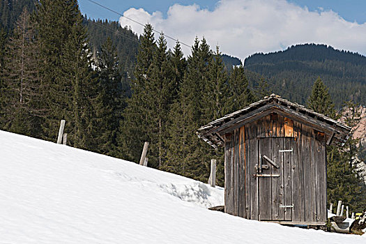 木屋,积雪,山坡,奥地利