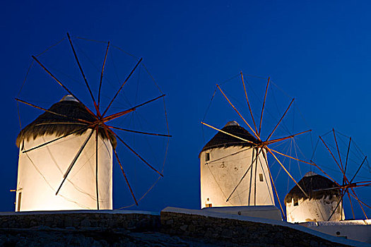 希腊,米克诺斯岛,三个,风车,照亮,日落