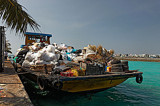 垃圾,驳船,北方,马累环礁,印度洋,马尔代夫,亚洲