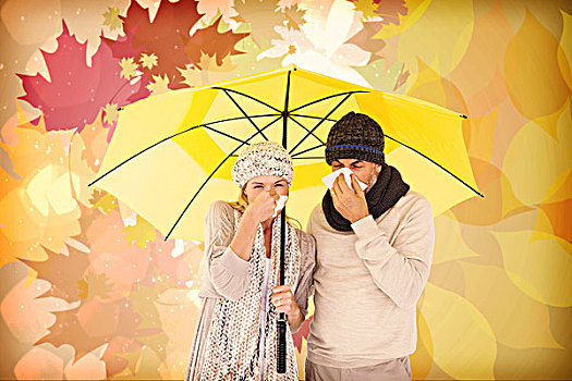 合成效果,图像,情侣,打喷嚏,纸巾,站立,伞,秋天,叶状