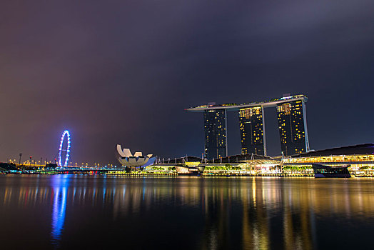 风景,码头,湾,新加坡,夜晚