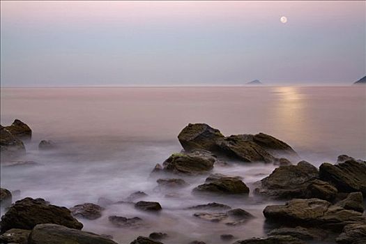 岩石海岸,月亮,空中,黎明,海滩,巴西