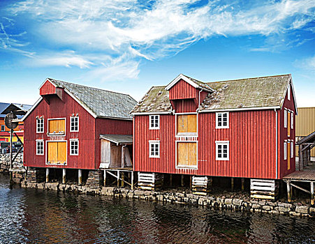 红色,木屋,小,挪威,渔村
