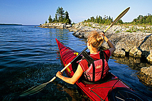 皮划艇手,短桨,休伦湖,布鲁斯半岛,安大略省,加拿大