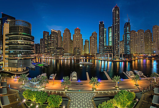 城市,迪拜,阿联酋,黄昏,摩天大楼,码头,前景