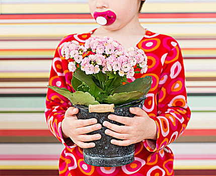 女孩,拿着,花,花盆