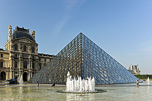 玻璃金字塔,喷泉,院落,卢浮宫,巴黎,法国,欧洲