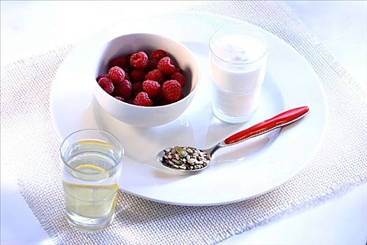 节食,早餐,树莓,酸奶,粮食,水