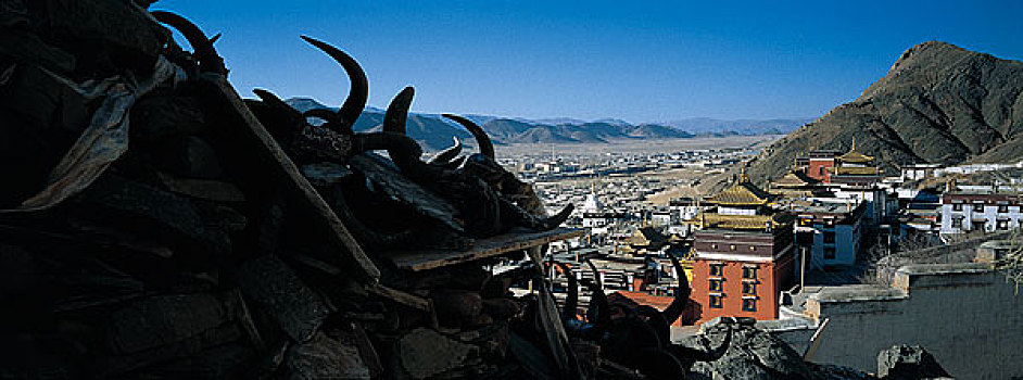 西藏日喀则扎什轮布寺和放满牛头的玛呢堆
