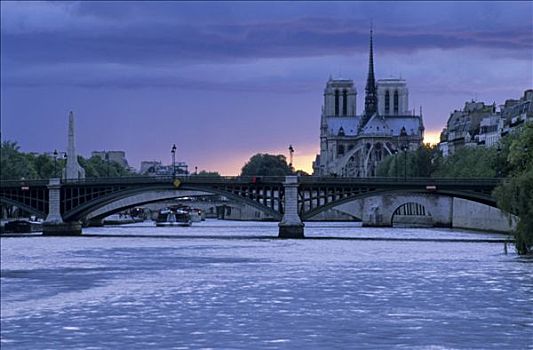 法国,巴黎,桥,塞纳河,巴黎圣母院,大教堂,背景,阴天,日落