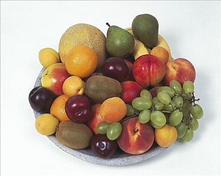 新鲜水果,碗,香蕉,苹果,桃,葡萄,梨,猕猴桃