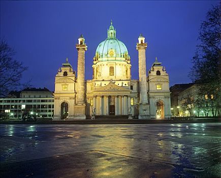 教堂,卡尔教堂,黄昏,维也纳,奥地利