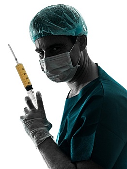 医生,麻醉师,男人,拿着,外科手术,针,剪影
