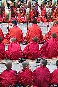 不丹,僧侣,鼓,庆贺,节日,宗派寺院