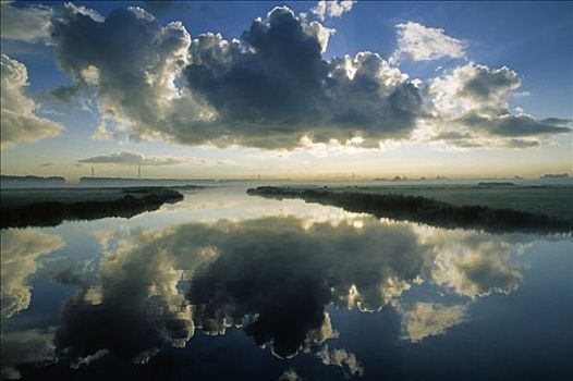 低,积云,反射,水中,岛屿,南方,荷兰