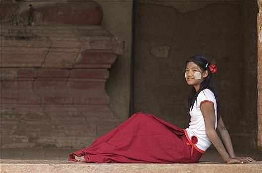 孩子,缅甸,女人,庙宇,蒲甘,东南亚