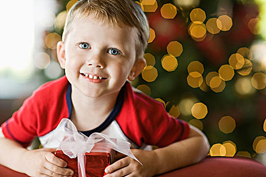 小,男孩,圣诞树,拿着,礼物