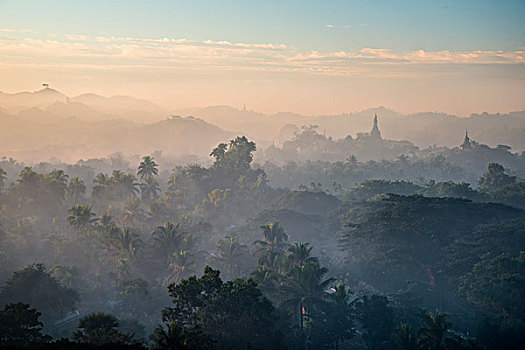 塔,雾气,早晨,亮光,地区,若开邦,缅甸,亚洲
