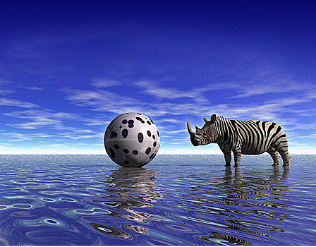 犀牛,斑马纹,球,水上