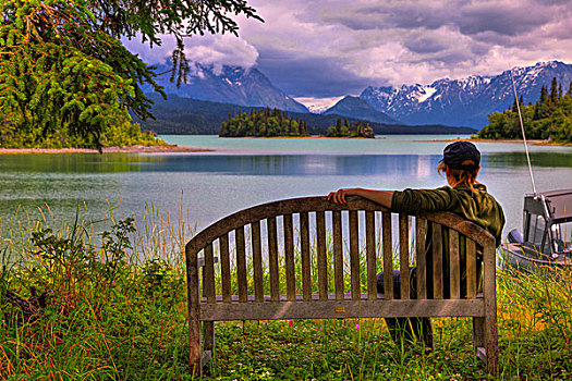 女人,湖,岛屿,长椅,克拉克湖,国家公园,阿拉斯加,夏天