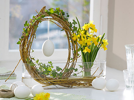 复活节,窗饰,柳树,蛋,水仙花