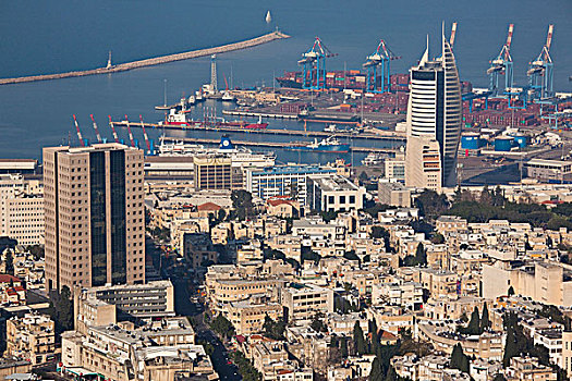 以色列,北海岸,海法,俯视图,市区,中心,黄昏