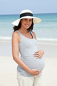 头像,怀孕,中年,女人,戴着,太阳帽,海滩