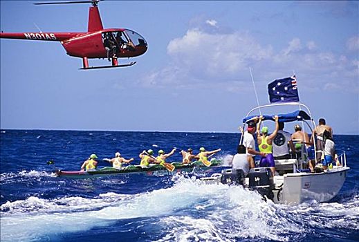夏威夷,水道,莫洛凯岛,瓦胡岛,女性,桨手,玻利尼西亚女人,比赛,直升飞机,护从,船,无肖像权