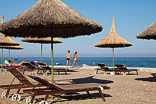 沙滩椅,遮阳伞,海滩,海岸,爱琴海,地中海,土耳其,小亚细亚