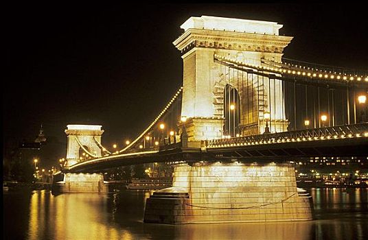 建筑,链索桥,夜晚,光亮,多瑙河,布达佩斯,匈牙利,欧洲,欧盟新成员
